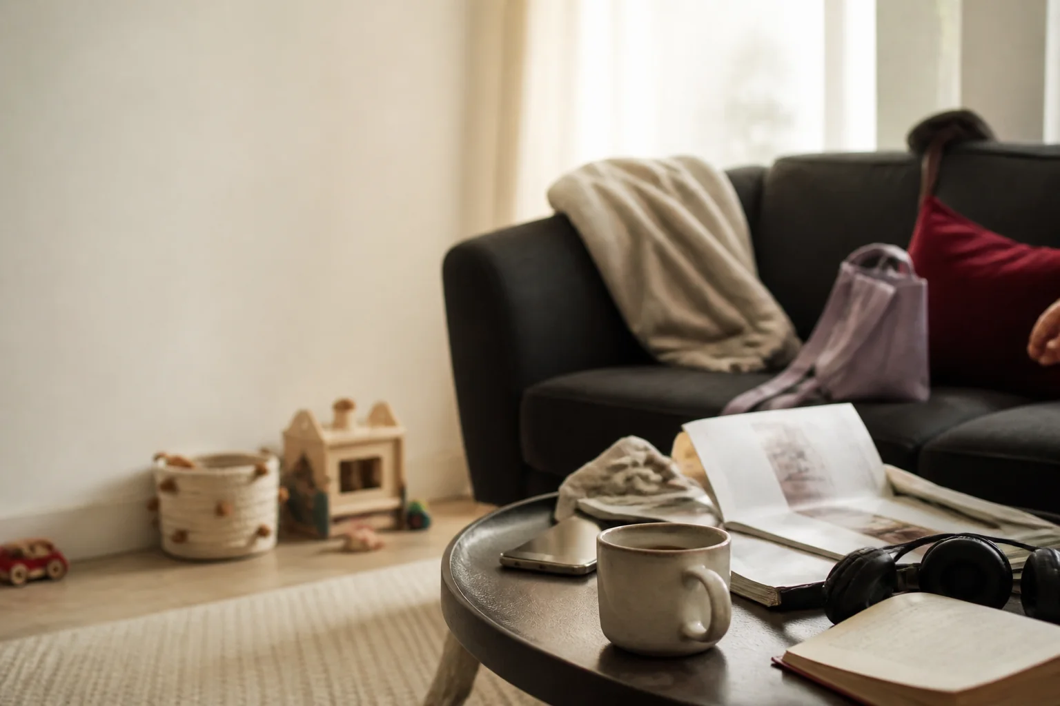 Coffee, books and headphones in a beautifully lived-in room