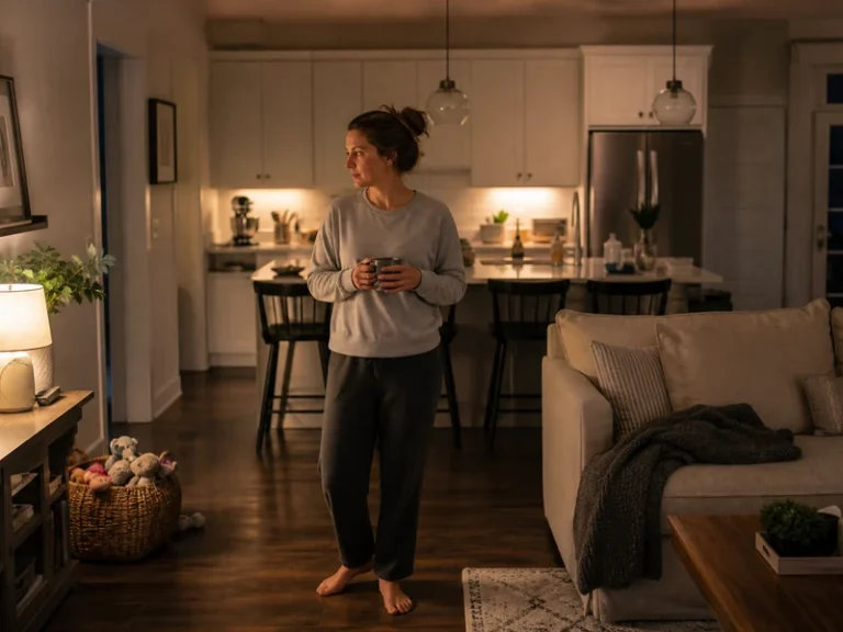 A tired mom enjoys a calmer living room and kitchen after a short nightly reset
