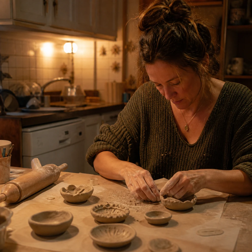 A mom shapes imperfect trinket dishes from air-dry clay at home