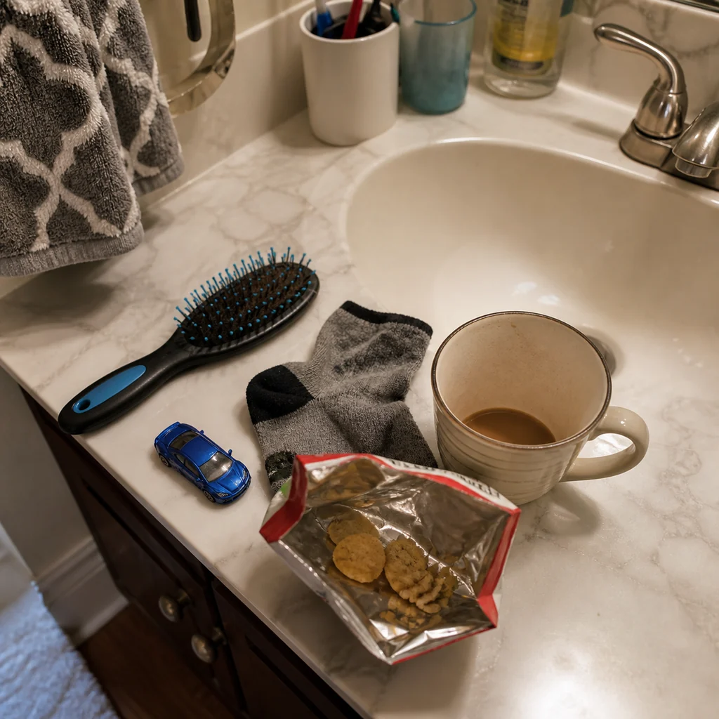 Family objects collect on the bathroom vanity during mom's break