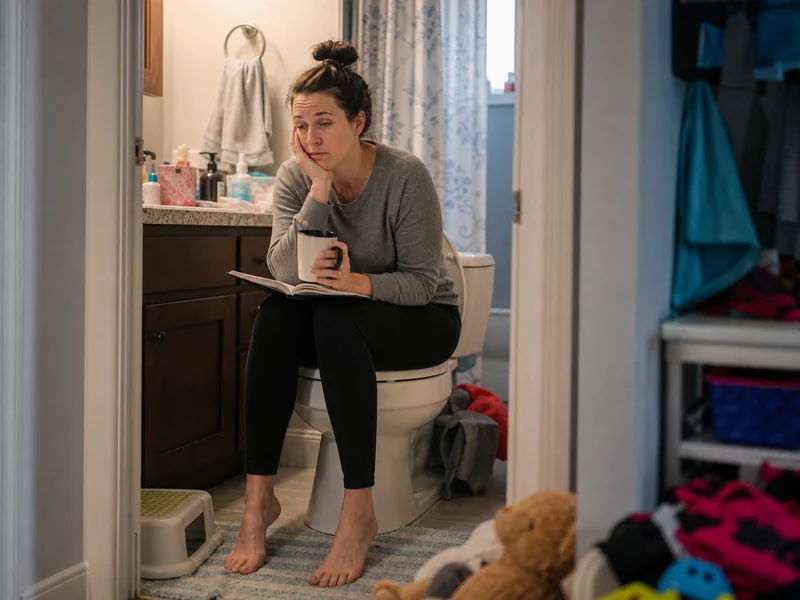 A tired mom hides in the bathroom with coffee and a notebook