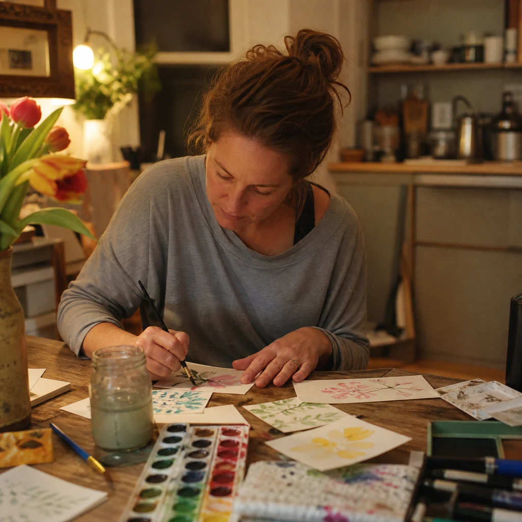A mom paints loose beginner watercolor flowers on small paper cards