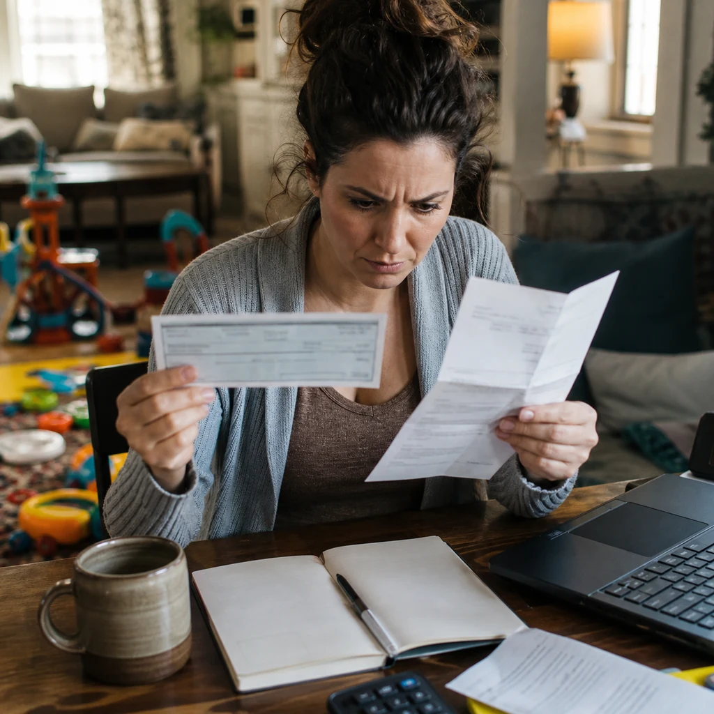 A mom reviews a suspicious overpayment check for a caregiver job