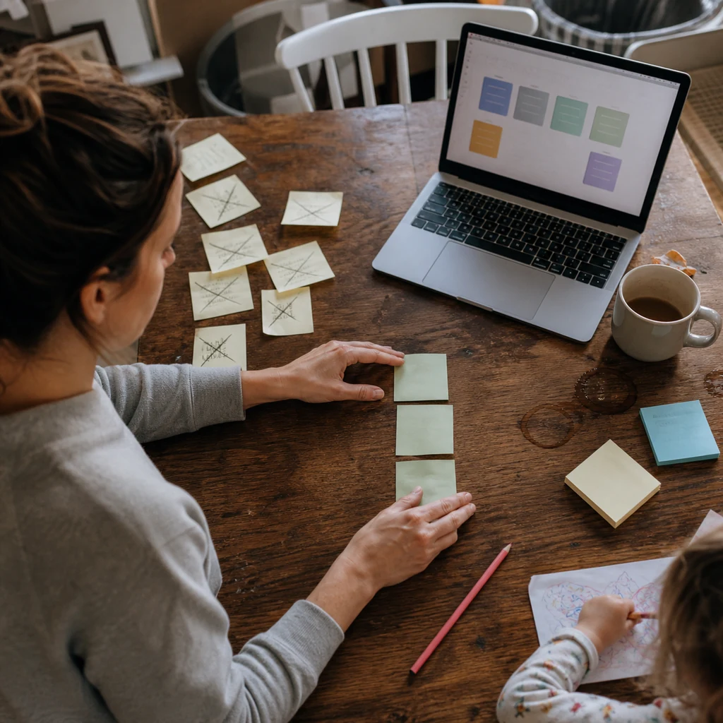 A mom narrowing several skill ideas into one clear freelance service