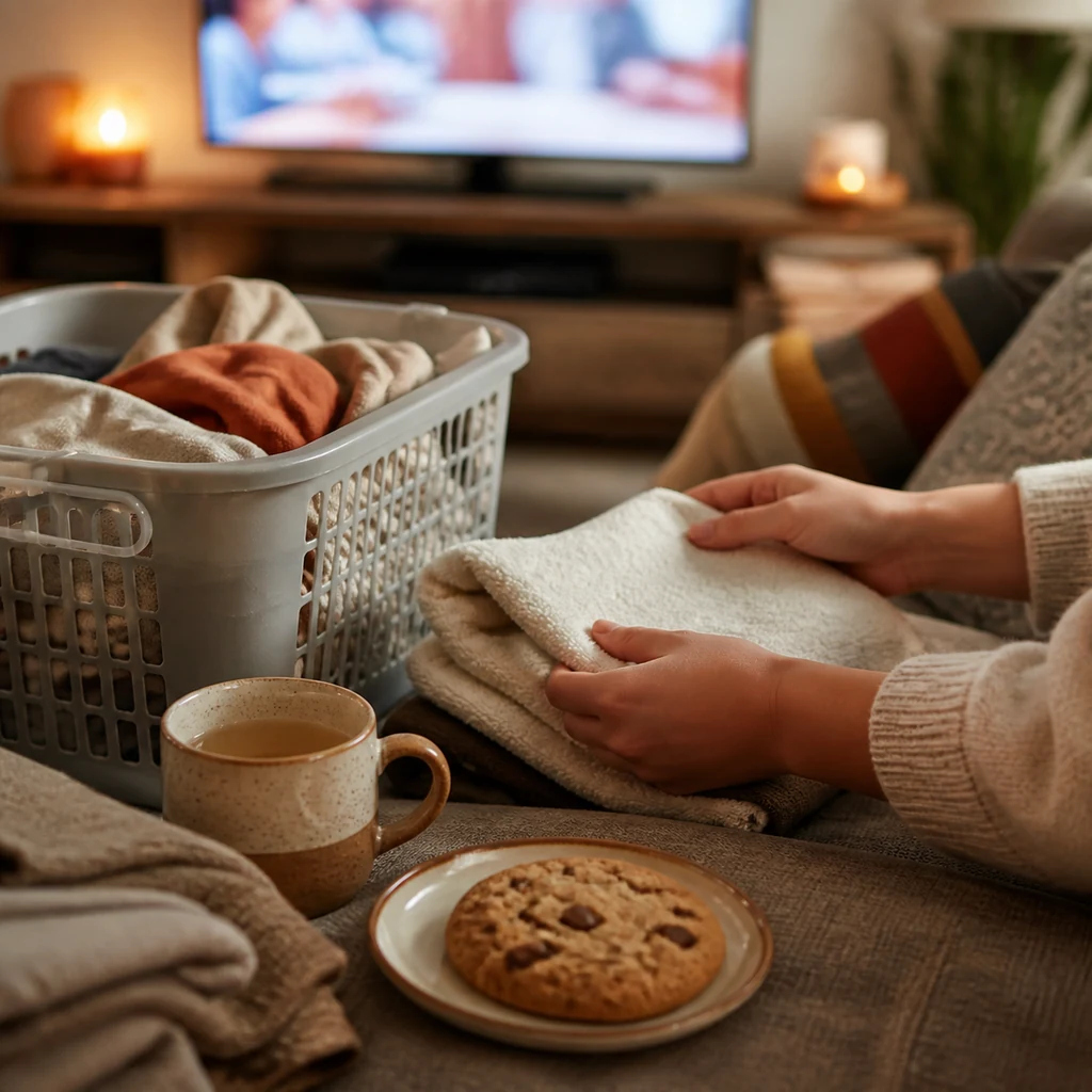 A mom folds towels with tea and a cookie during cozy comfort TV