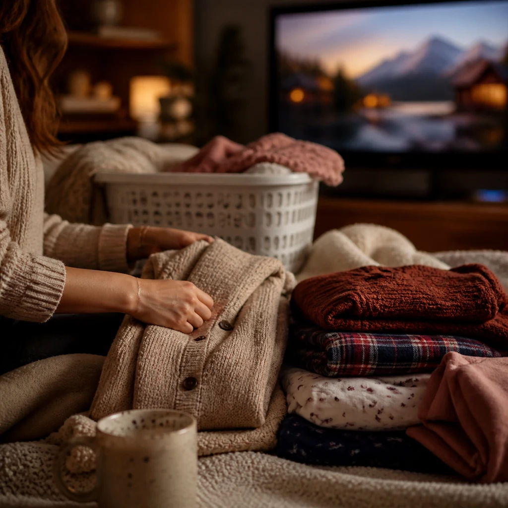 A mom folds sweaters during a cozy small town drama TV night