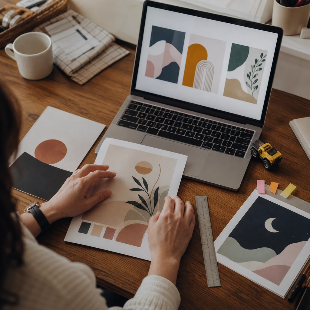 A mom arranging honest fictional samples for a starter freelance portfolio