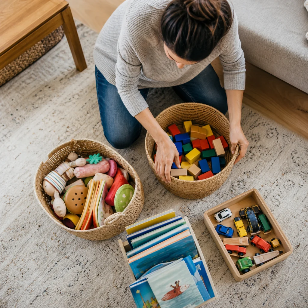 A mom creates simple toy zones with baskets and trays in the living room