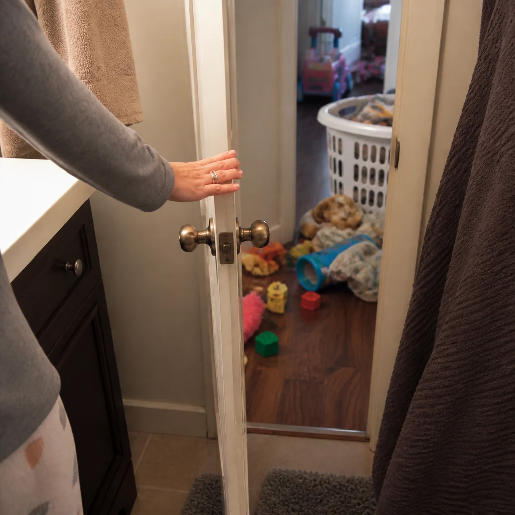 A mom hesitates before opening the bathroom door to hallway chaos