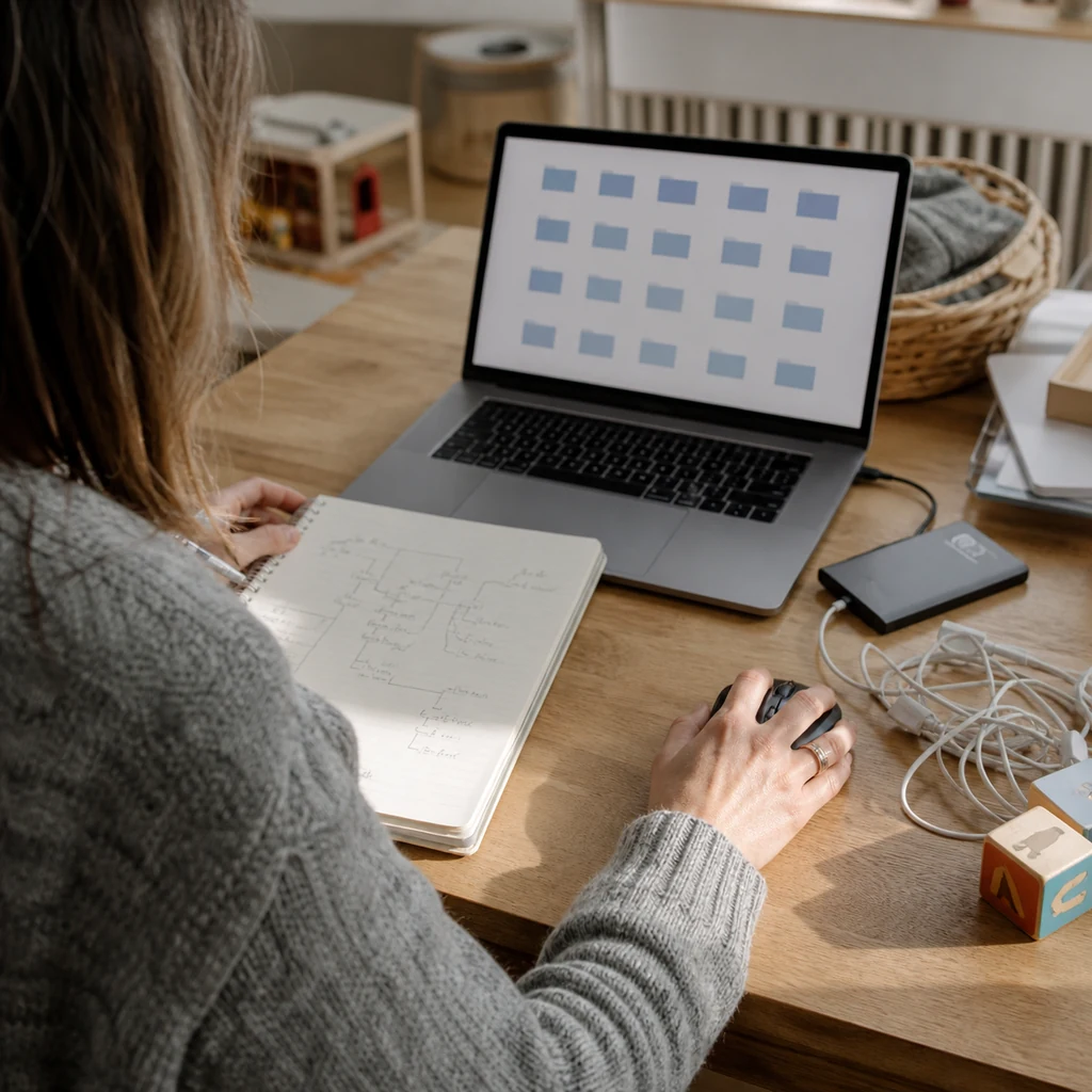 A mom organizing a small business’s digital folders during naptime