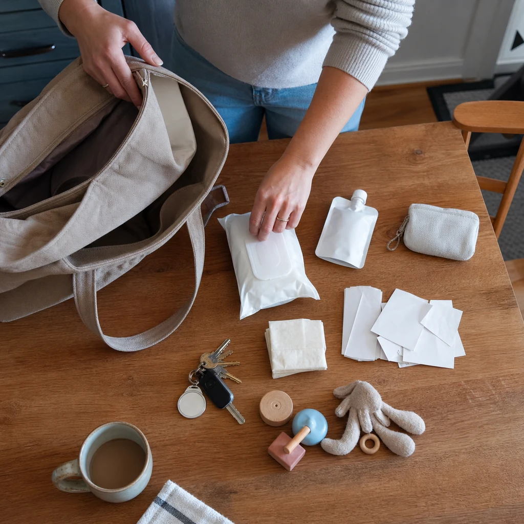 A mom empties her bag onto a table before organizing it