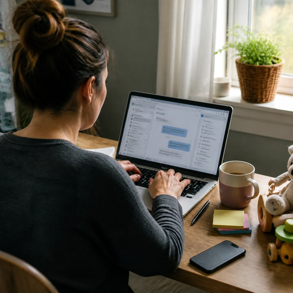 A mom providing written email and chat customer support from home
