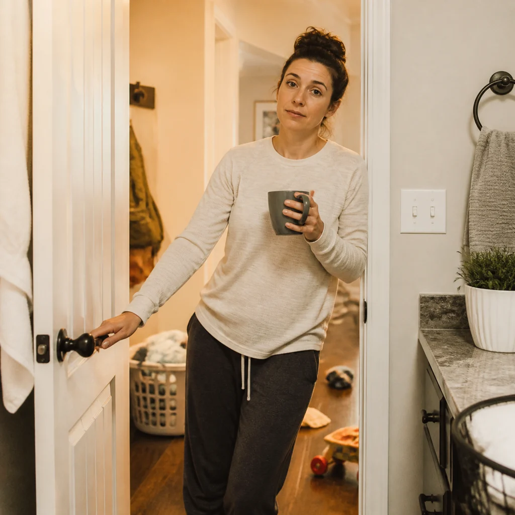 A tired mom opens the bathroom door and returns to family duty