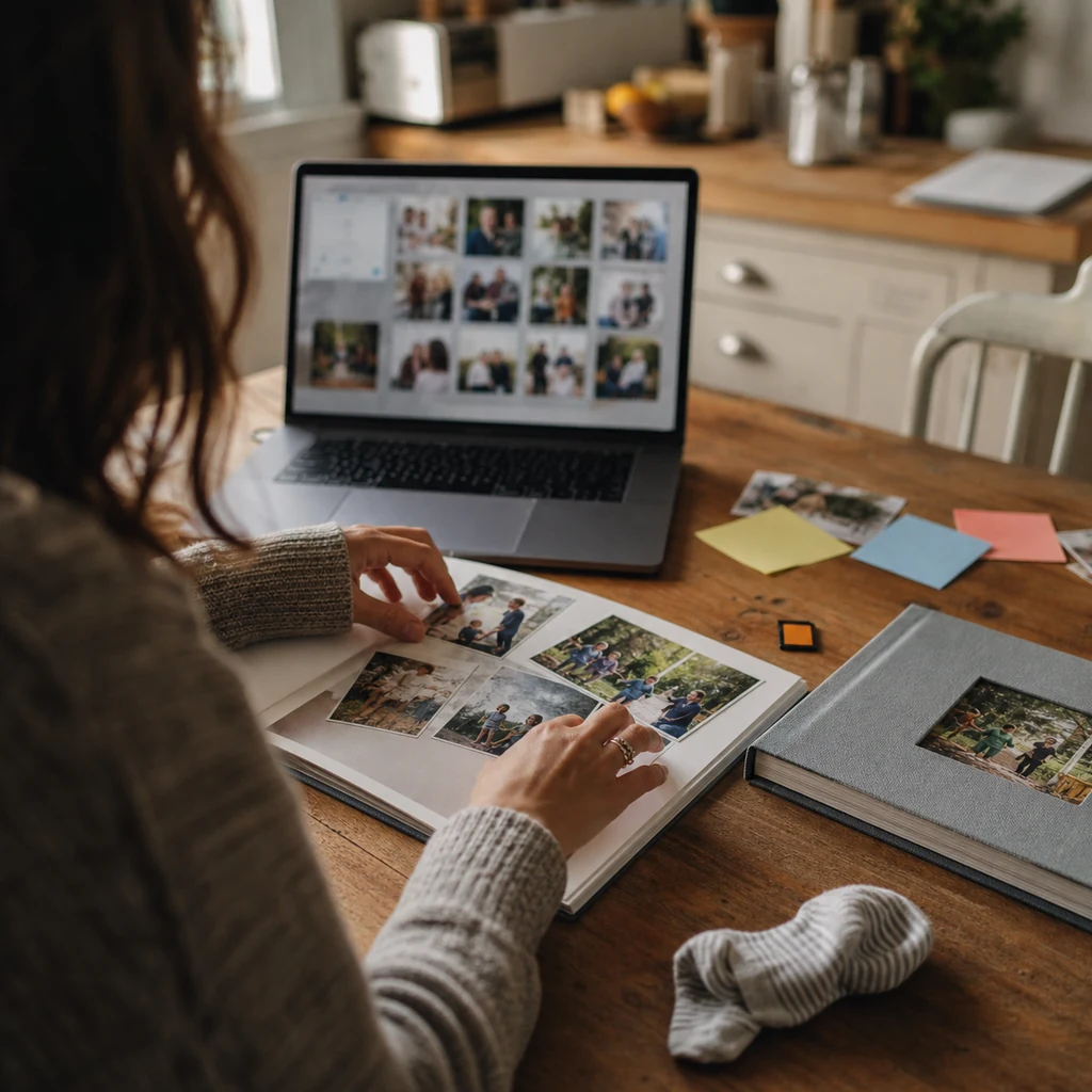 A mom arranging a client’s family photographs into a keepsake album