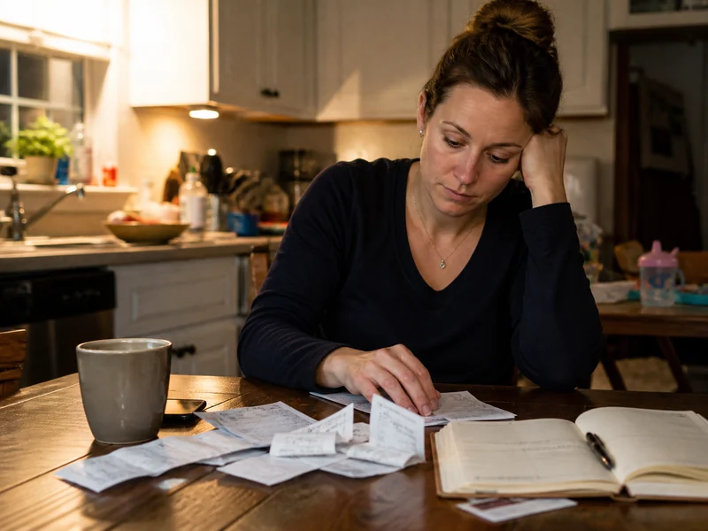 A tired mom reviews receipts and a budget notebook at the kitchen table
