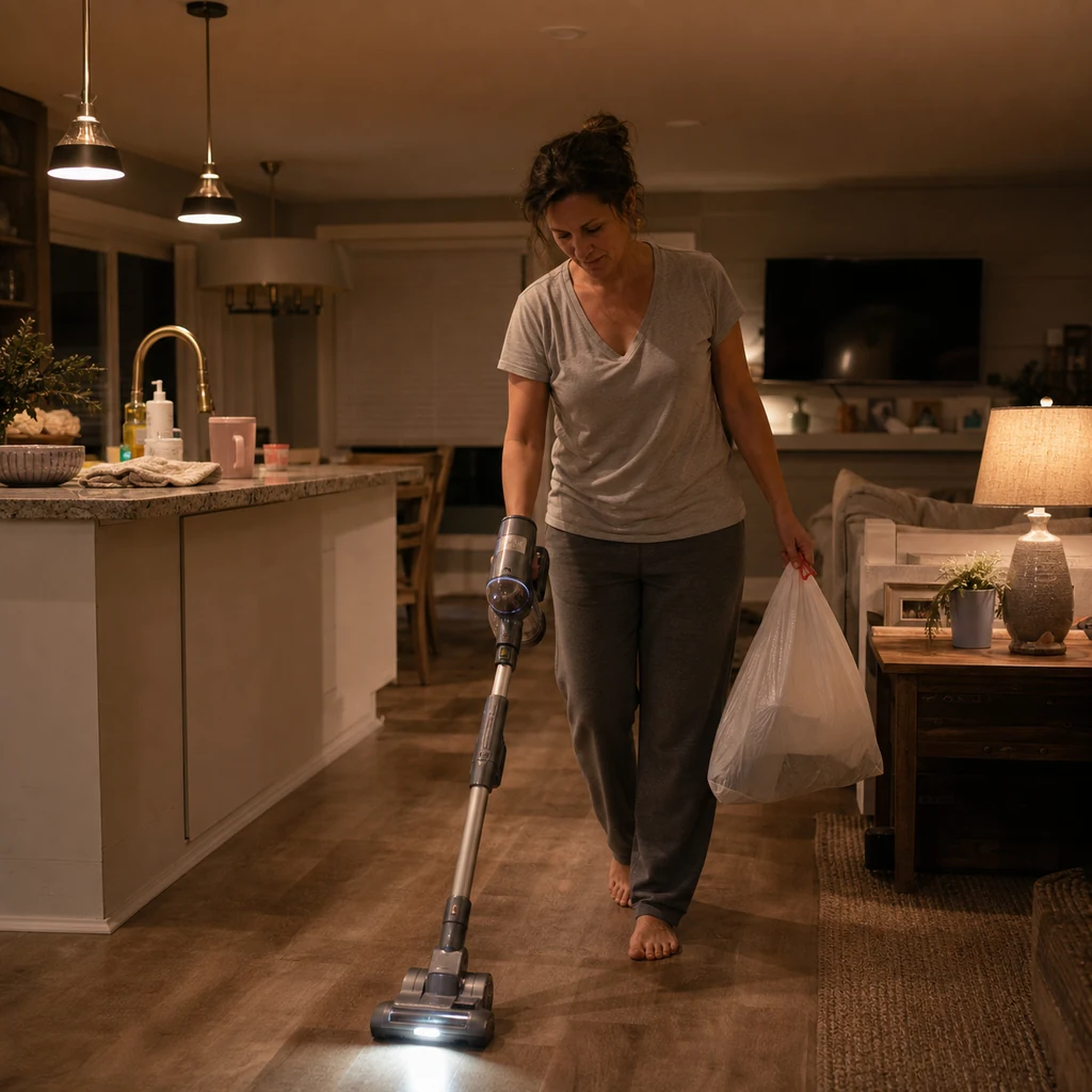A mom completes a final floor sweep and carries out a small trash bag