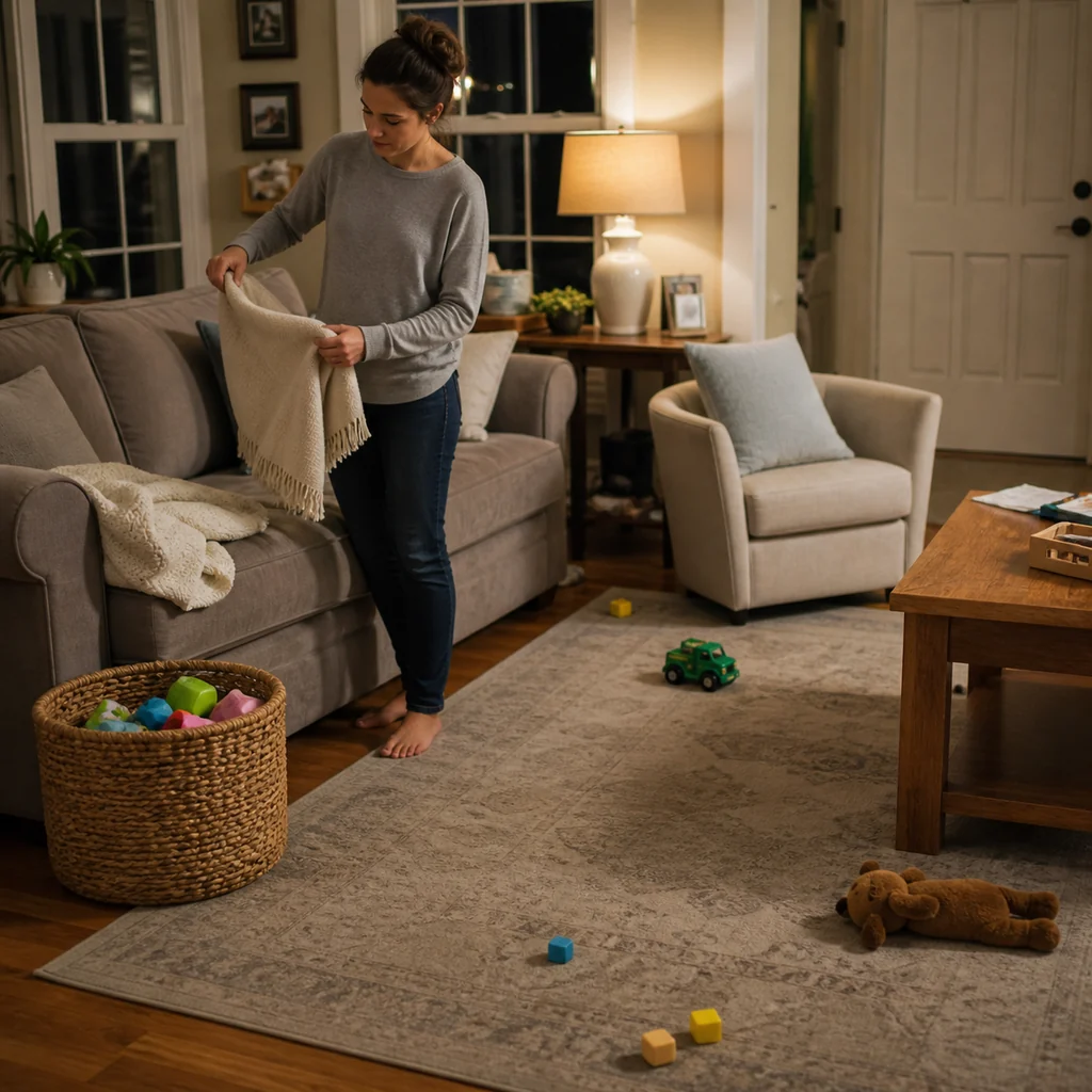 A mom finishes a five-minute living room toy reset in the evening