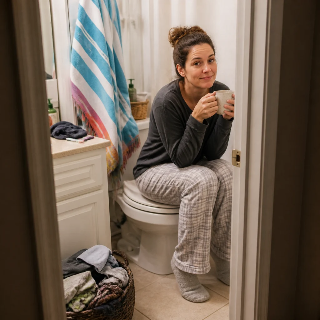 A mom treats five quiet bathroom minutes like a tiny vacation