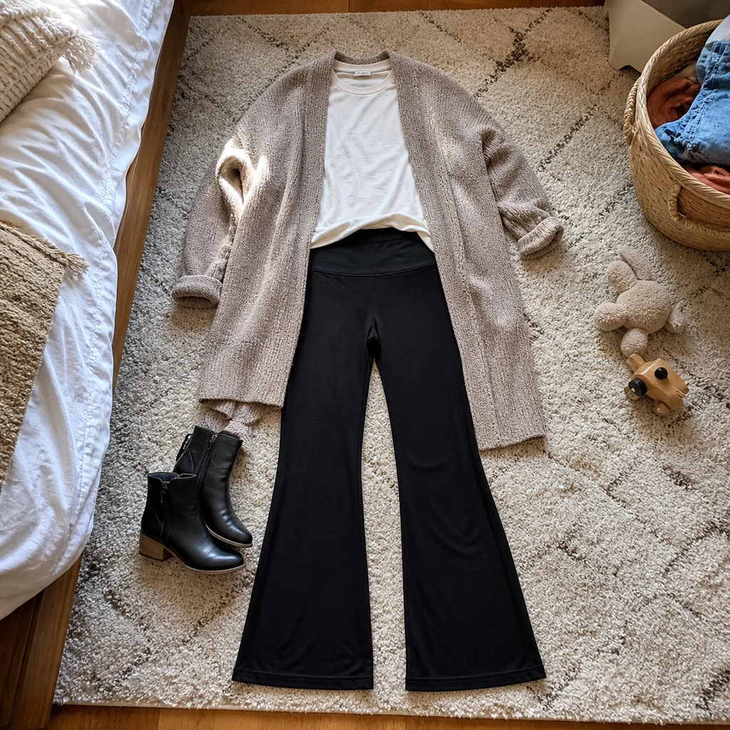 Black flare leggings styled with a long cardigan and ankle boots