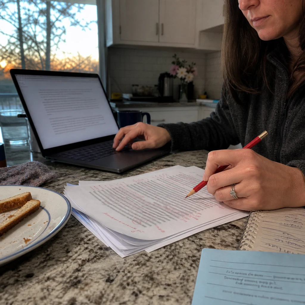 A mom proofreading documents with a red pencil at the kitchen counter