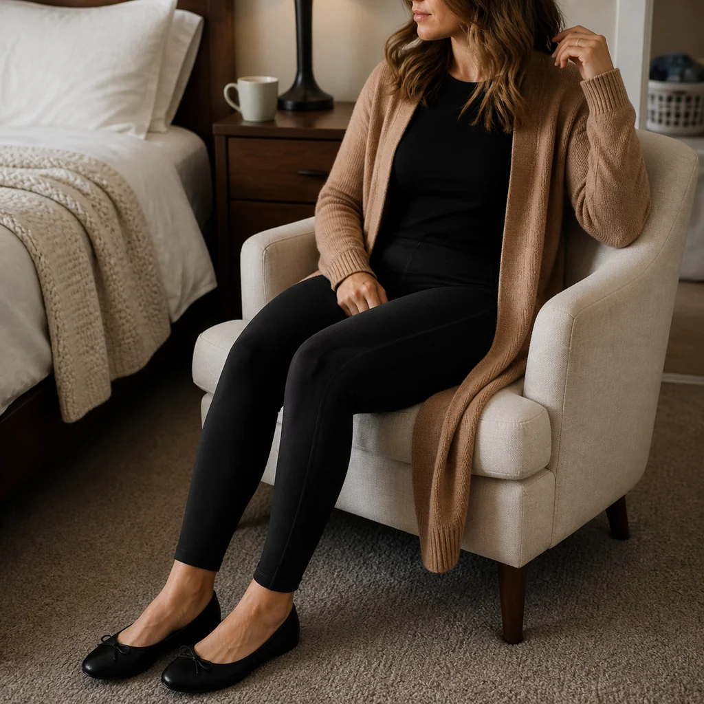 Front seam leggings styled with a long cardigan and flats