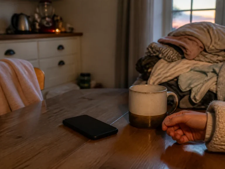 A muted phone beside coffee and laundry during a quiet mom self-care break