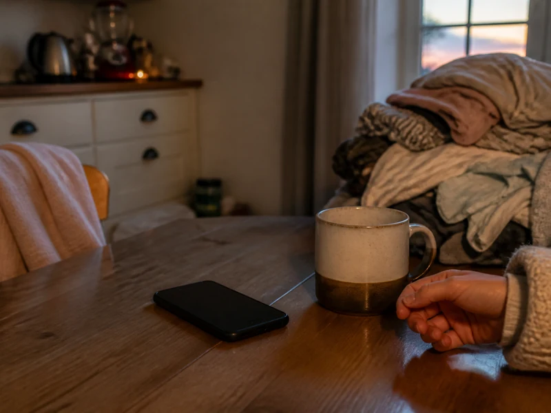 A muted phone beside coffee and laundry during a quiet mom self-care break