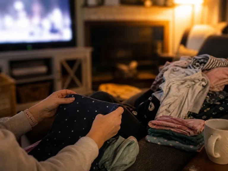 A tired mom folding laundry while comfort TV glows in a cozy living room