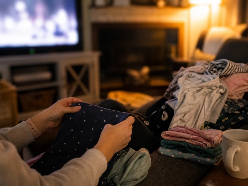 A tired mom folding laundry while comfort TV glows in a cozy living room