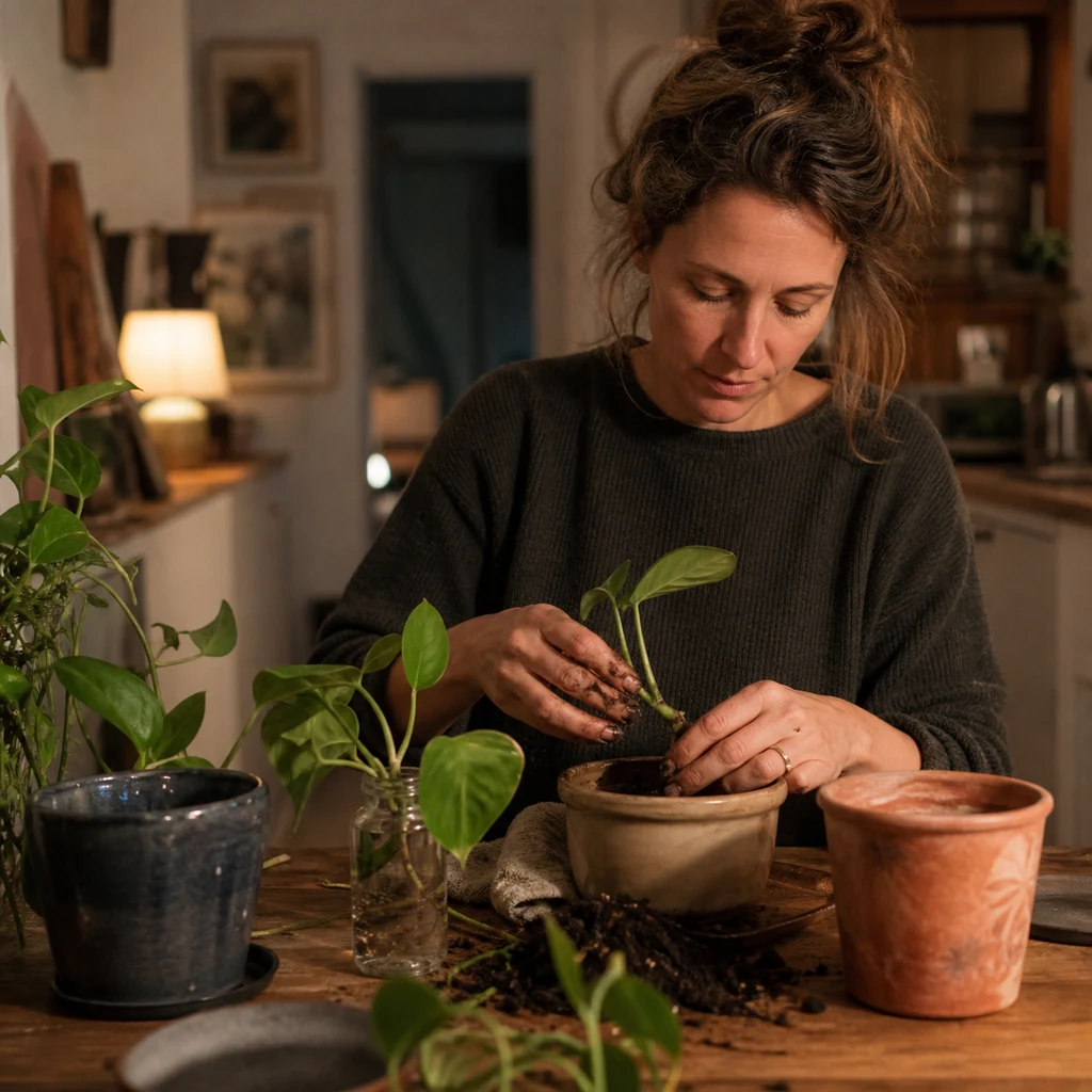 A mom repots a houseplant cutting at the kitchen table
