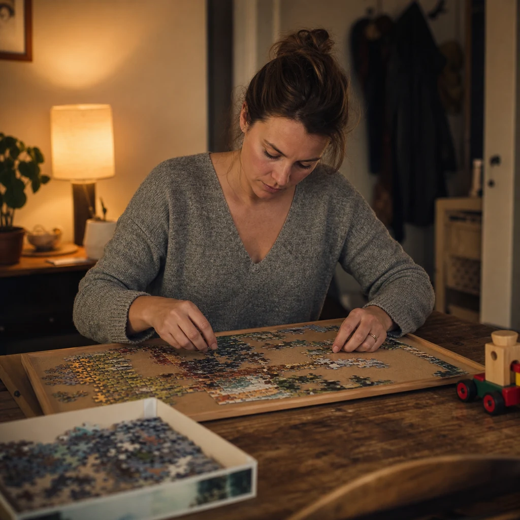 A mom works quietly on a jigsaw puzzle using a portable puzzle board