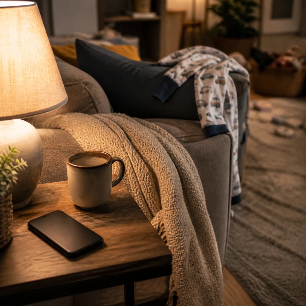 A phone face down beside a mug and lamp during a cozy evening boundary