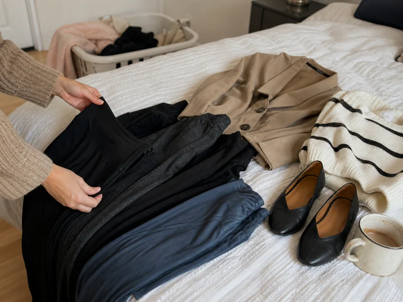 A mom chooses leggings to style like real pants on a lived-in bed