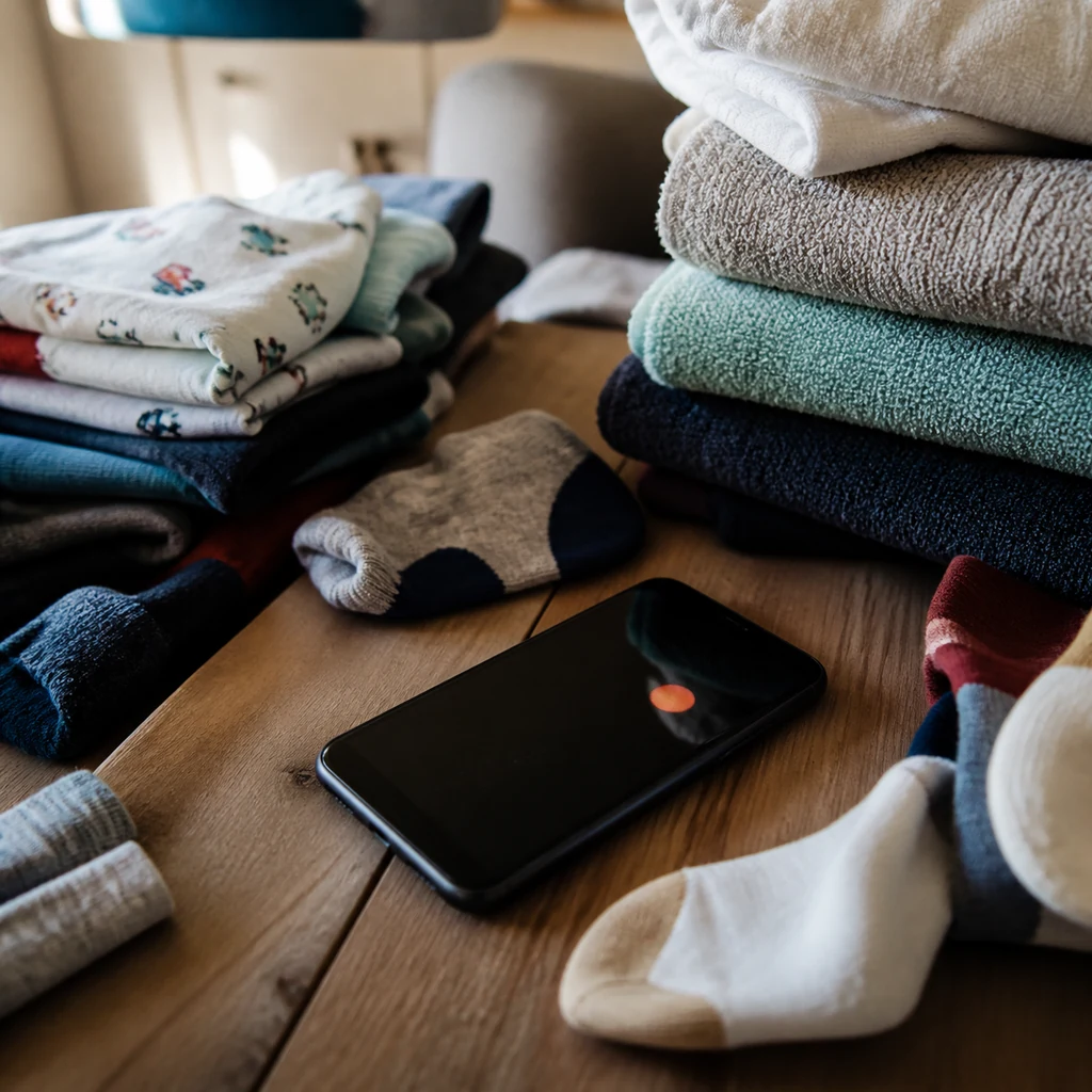 A phone left face down beside folded laundry and socks
