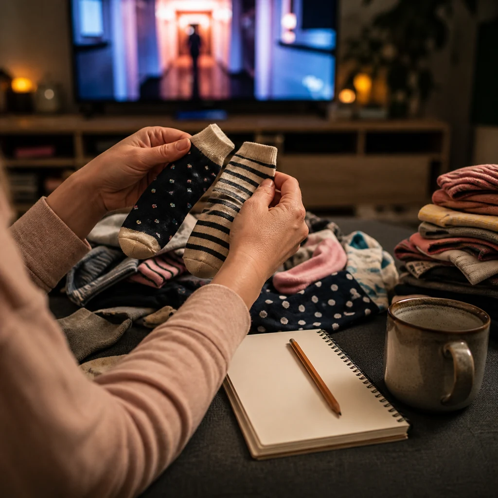 A mom pairs socks during a blurred light mystery comedy on TV