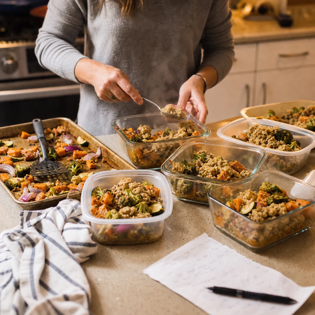 A mom portioning simple home-cooked meals into reusable containers