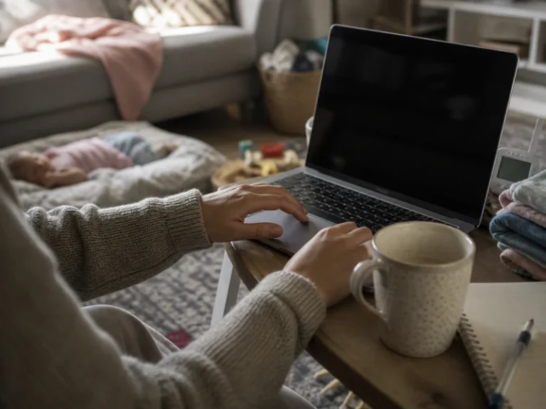 A mom opening her laptop beside a baby monitor during a quiet afternoon nap