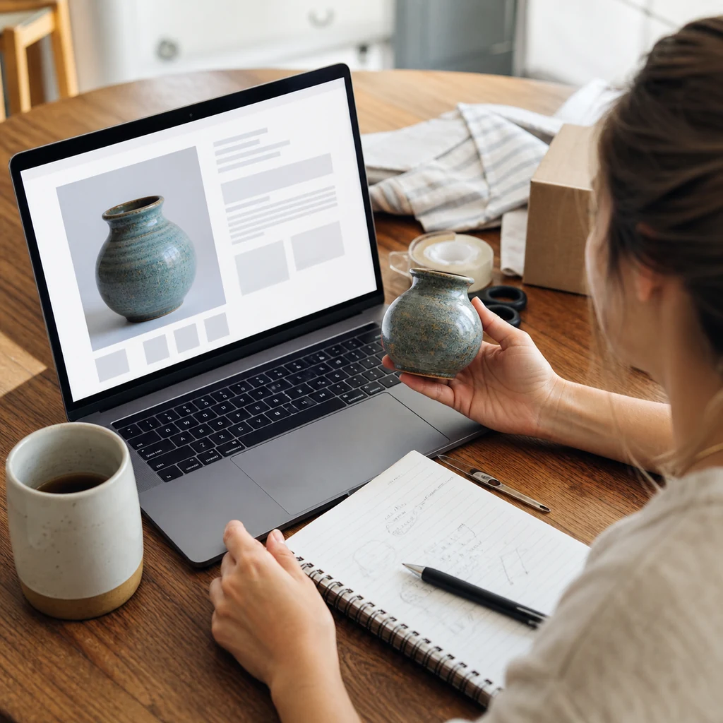 A mom improving a small seller’s online marketplace listing from home