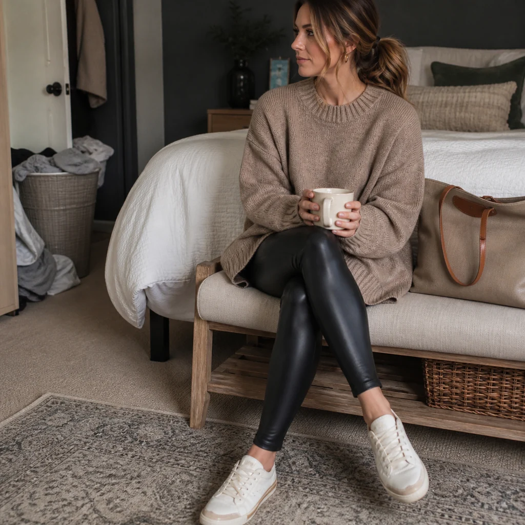 Matte faux leather leggings styled with an oversized sweater