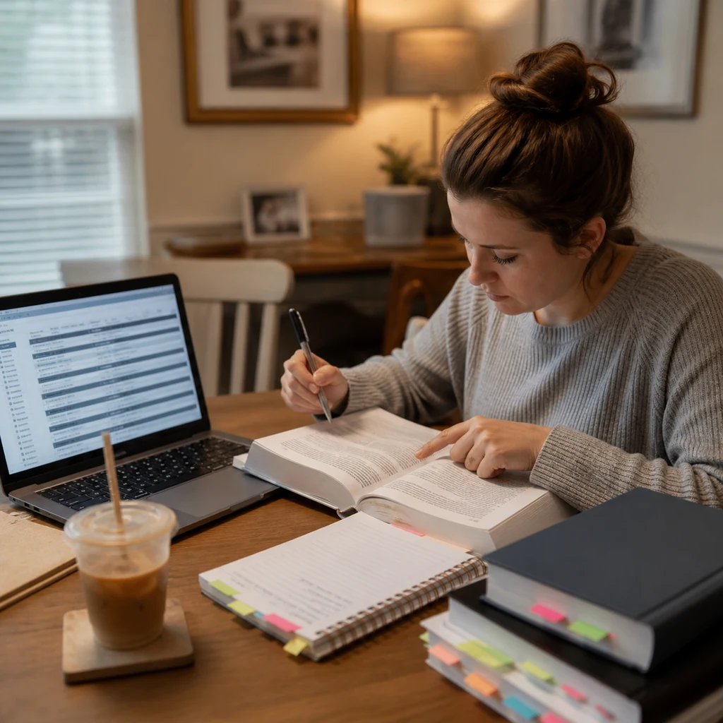 A mom studying reference material for remote medical billing and coding work