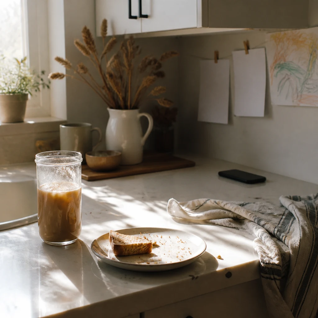 A quiet kitchen counter with coffee toast crumbs and a phone placed far away