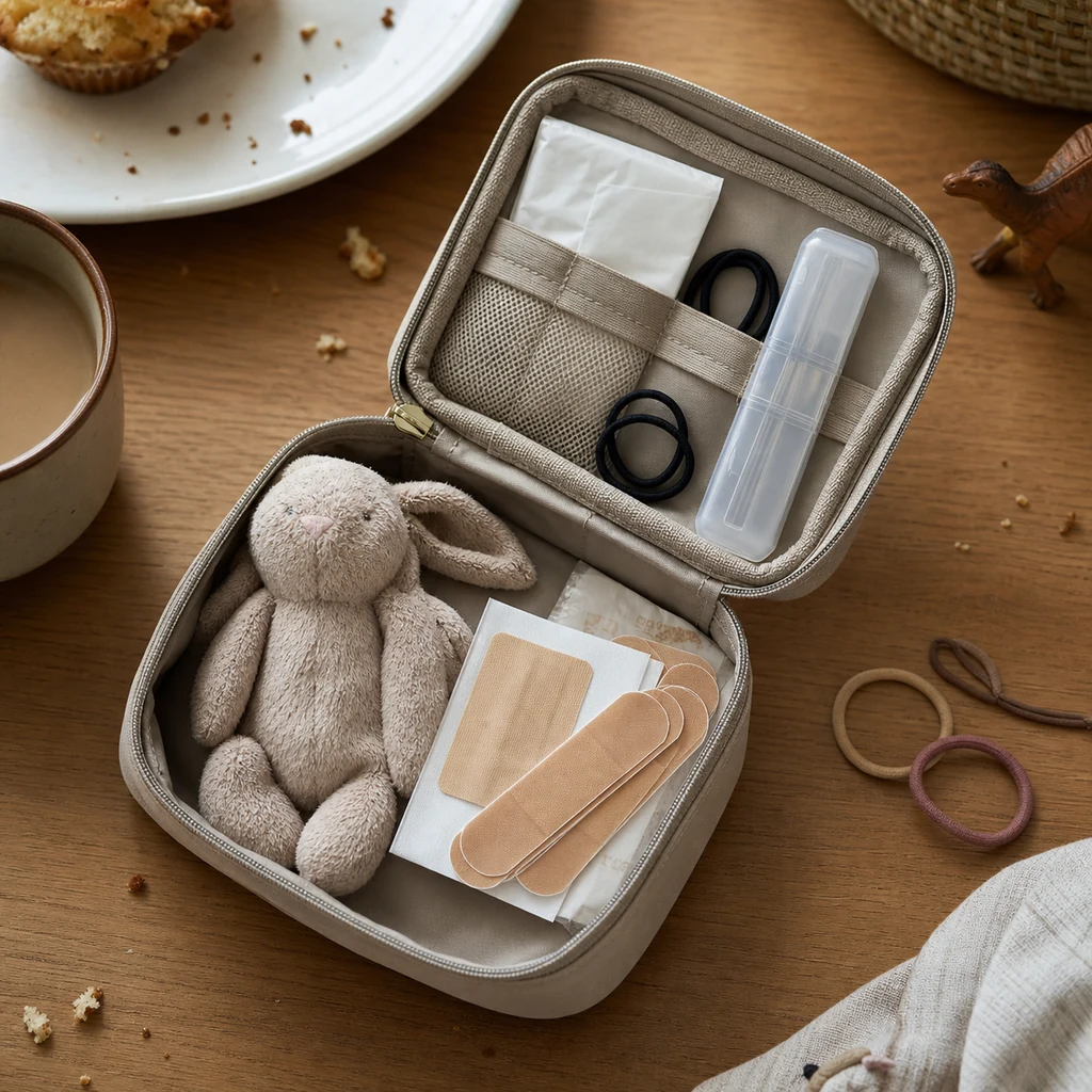 A small comfort pouch with bandages tissues hair ties and a soft toy