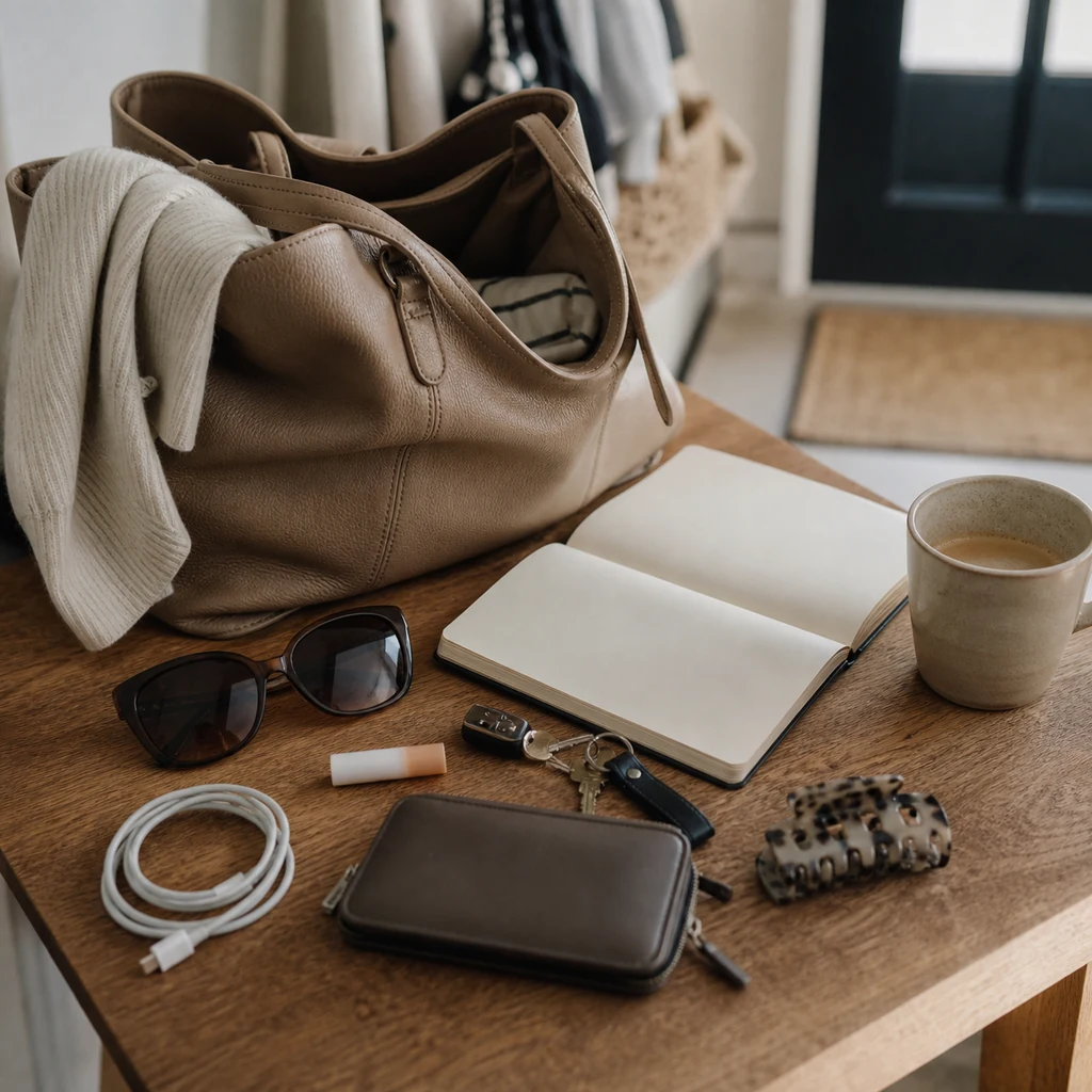 Personal mom essentials including sunglasses keys wallet charger and notebook