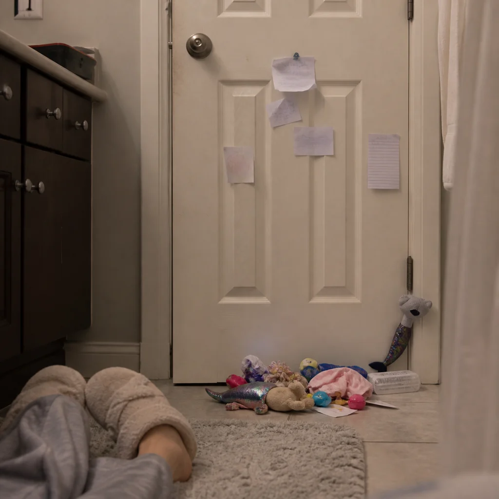 Toys and notes pile up outside the bathroom door while mom hides