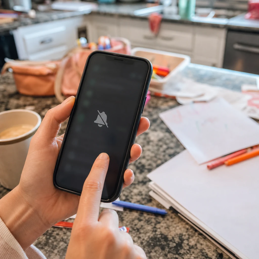 A mom mutes her phone on a messy kitchen counter