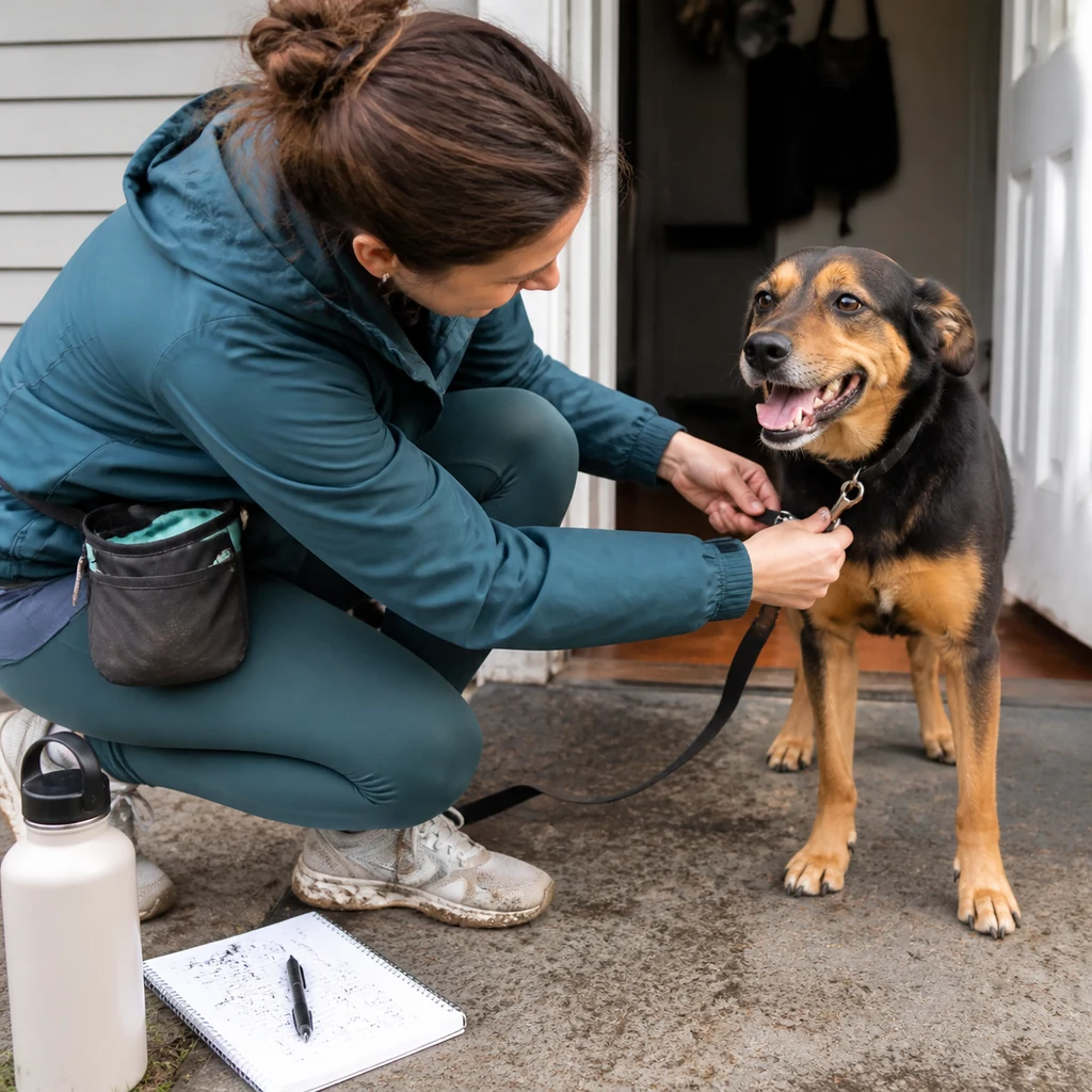 A mom clipping a leash onto a neighborhood dog for a paid check-in