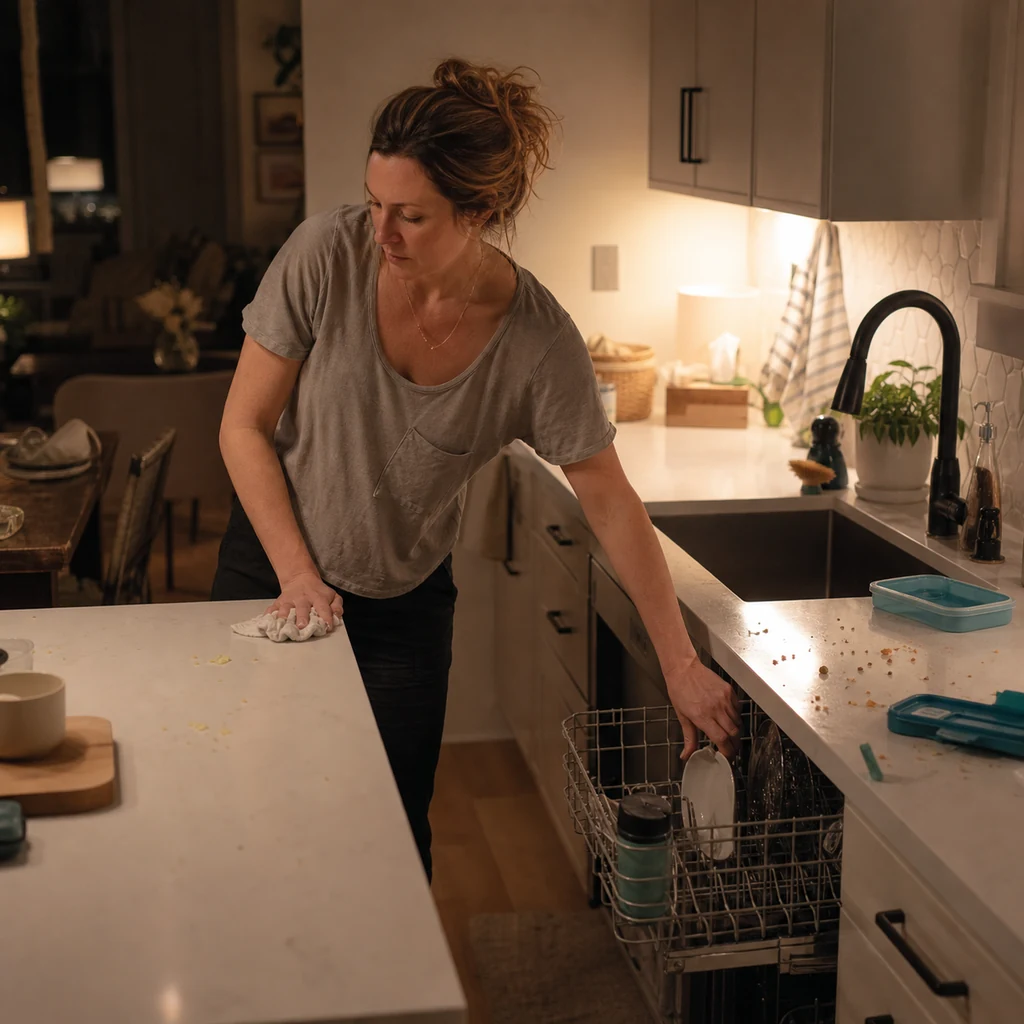 A mom loads the dishwasher and wipes the kitchen counter at night