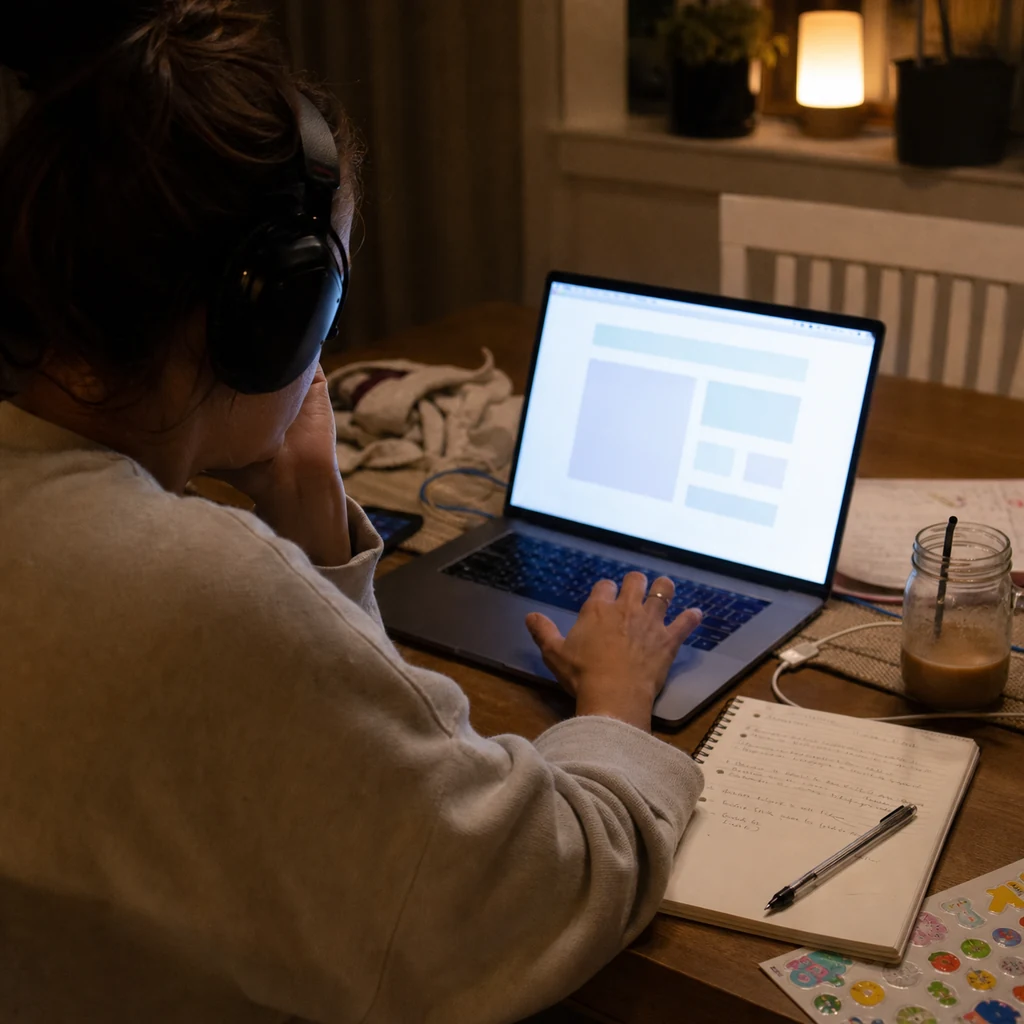 A mom completing a paid website test at her dining table after bedtime