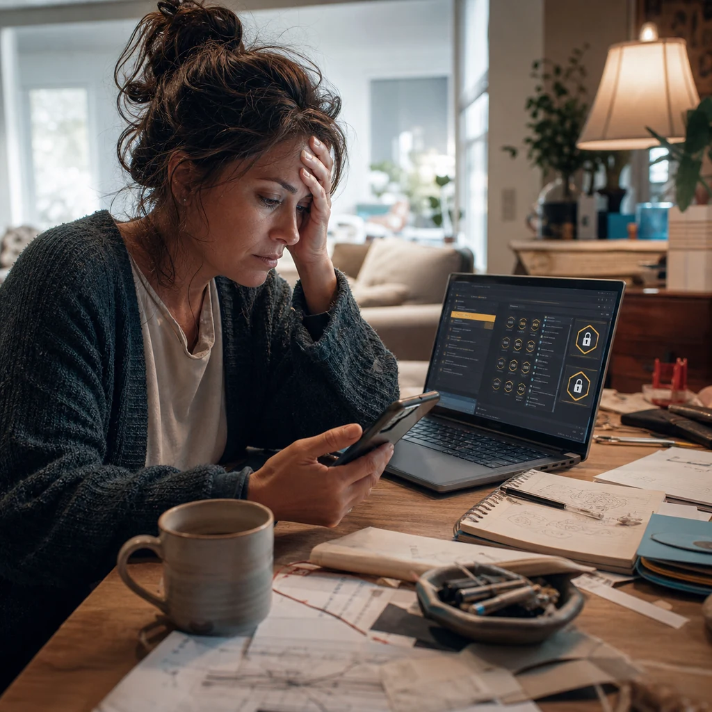 A mom examines a suspicious pay-to-unlock online task dashboard