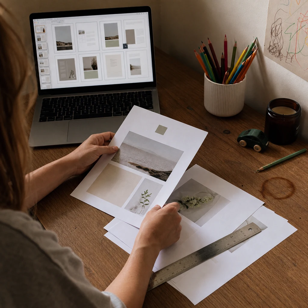 A mom checking the layout of a simple PDF welcome guide at home